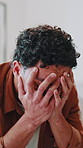 Stress, man and upset at house for argument, disagreement and marriage dispute for cheating blame. Angry, couple and jealous partner in lounge with conflict, affair accusation and toxic relationship