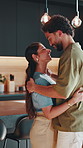 Dance, happy and couple in home for love, romantic moment and connection with song on weekend. Marriage, house and man with woman with affection, moving and music for relationship, trust and bonding
