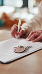 Keys, hands and sign document in house for property disclosure, transfer process or handshake. Keychain, people or approval signature for binding contract, rental agreement or lease deal with realtor