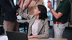 Colleagues, winning and happy woman with high five in office for achievement or teamwork together. Excited, female person or celebration with employees clapping for applause or good news in workplace