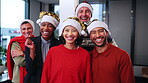 People, face and excited in business for Christmas, festive celebration or last day of work. Employee, team or happy at office party for xmas event, year end function or start of holiday in santa hat