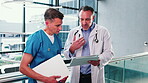 Doctor, nurse or talk with tablet in clinic for case discussion, medical results or care planning. Healthcare team, people or digital in hallway for ward round, treatment options or hospital workflow