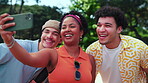 Students, selfie and friends outdoor with smile, social media post or content creation in nature. Together, peace sign and influencer with group on campus for picture, photography and connection 