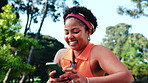 Student, phone and woman laugh at park with social media post, typing message or reading meme. Mobile, outdoor and happy African person with app at college campus, online communication or funny text