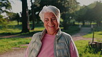 Wellness, happy and old woman in park with face, break and positive attitude with fresh air. Wellbeing, laugh and elderly person outdoor with confidence, retirement unwind and good mood in nature.