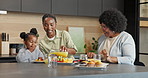 Grandparent, mother or girl in house with breakfast, bonding or child care in healthy relationship. Nutrition, connection or black family with juice, happy moment or quality time with morning meal.