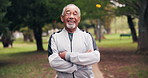 Happy, face and senior man in park fitness, exercise and laugh for wellness, health and fresh air. Retirement, portrait and mature Asian person outdoor for break, crossed arms and workout in morning