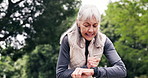 Tired, watch and happy with old woman in park for fitness stats, heart rate monitor or runner target. Training goal, workout break and progress check with senior person outdoor with health tech