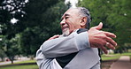 Fitness, old man and stretching arms at park to start workout, blood circulation and wellness. Smile, male person and warm up muscle outdoor for exercise preparation, health lifestyle or retirement