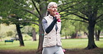 Dumbbell, workout and old woman in nature with walk, cardio exercise or fitness for health longevity. Senior person, weights and training outdoor with aerobics movement, coordination and wellness.