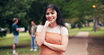 Face, woman and student at campus for education, new semester and ecology study for climate change. Portrait, smile and person in nature for university excursion, sustainable learning and ESG course