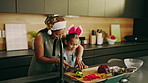 Christmas, mom and child with vegetables in kitchen for healthy diet, recipe or meal prep in home. Mother, helping or daughter getting ready with organic ingredients for December holiday together