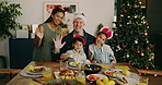 Christmas, face and happy family with wave in home for festive celebration, greeting or dining. Portrait, mom or dad with children, hello or goodbye for December holiday or weekend farewell in house