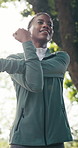 Woman, stretching and breathing in nature with fitness, vitality or runner getting ready for workout. Bokeh, black person and warm up arms outdoor with breathwork, wellness and prepare for training.