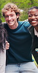 Face, students and happy at college with hug, higher education scholarship and support for friends. People, smile and embrace outdoor at university with study opportunity, youth development and pride