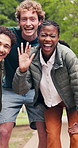 Face, students and excited at university with wave, higher education scholarship and support friends. Happy, people and outdoor at college with study opportunity, youth development and learn together