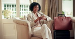 Business, hotel and woman in lobby with phone for networking, chat or travel update for work trip. Hospitality, happy and person on cellphone for conference schedule, internet and typing email