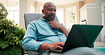 Laptop, remote work and black man at holiday villa for thinking, blogging and internet connection. Smile, technology and digital nomad with idea for workcation, travel and online workload at resort