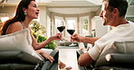 Wine, cheers and happy couple in luxury spa for weekend celebration, holiday or bonding together. Man, woman or relaxing with toast, alcohol or drink for honeymoon vacation in resort or retreat