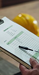 Person, builder and hands with delivery checklist for shipping, distribution or inventory management. Contractor, laborer or courier notes with clipboard or sheet for stock check or quality control
