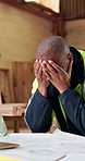 Stress, black man and laptop in warehouse for woodwork, manufacturing error or contractor issue. Frustrated, production and mature person in joinery factory with tech for workshop, mistake or project