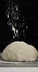 Sprinkle, flour and dough on table for culinary art, hospitality or meal prep for pizza recipe. Empty, pastry or food with ingredients, texture or seasoning for catering, recipe or cuisine on space