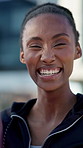 Face, black woman and laugh in city for fitness, exercise and  sports training for morning routine. Portrait, people or smile outdoor with water bottle, athlete runner and sprint workout for wellness