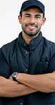 Face, delivery and happy man with confidence in studio for distribution on a white background. Portrait, male person or pride with smile or arms crossed for professional shipping or courier service