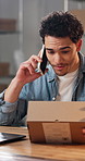 Man, laptop and phone call for logistics with box, tracking info or upload SKU code on website. Entrepreneur, tech or contact in warehouse for distribution feedback, courier service or export process