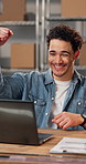 Logistics, success or man in office with laptop, sales growth or good news for ecommerce store. Distribution, shock or happy entrepreneur with fist pump, bonus review or revenue increase for webshop.