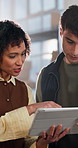 People, talk and logistics at startup with tablet, email supplier and confirm order for delivery. Team, review or explain in office with tech, stock availability and distribution update for ecommerce