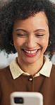 Woman, phone and happy in small business for logistics, inventory export and courier service. Mature entrepreneur, tech and laugh in warehouse for shipping success, supply chain and positive review