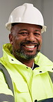 Construction, face and black man with smile, site manager and about us as compliance surveyor. Happy, confidence and mature supervisor with hardhat, safety officer and pride in building development.