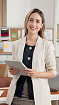 Face, woman and ecommerce at startup with tablet, logistics and about us for fashion retail. Portrait, smile and business owner in office with digital, supply chain and inventory for online orders