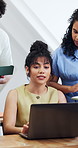 College, team or woman in class with laptop, project briefing or research together for assignment. University, space or student with tech, thesis collaboration or group revision for shared assessment