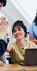 University student, high five and friends with laptop, education or laugh with academic achievement. College, motivation and celebration for success, knowledge and happy people with technology