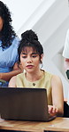 College, education and students with laptop, talk and planning for assignment with friends in class. University, knowledge and happy people with tech, research and studying together with information
