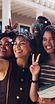 University students, smile and selfie with friends, outdoor and bonding on break or profile picture. Laughing, together and happy people on campus, education and peace sign at college and photography