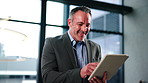 Finance, tablet and mature man in lobby for investment plan, foreign exchange and stock market. Office, corporate and person on tech for financial report, liquidity management and business review