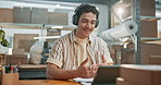 Laptop, video call and man in workshop for shipping, logistics and talking to supplier for delivery. Happy, distribution and person on computer for virtual meeting, update or talking for supply chain