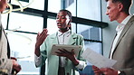 Business people, online and teamwork with tablet in meeting, talking or financial report on website. Actuary, low angle and discussion with tech, risk management and planning for project in office