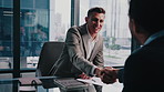 Office, business people and man with handshake for meeting, hiring and investment partnership. Corporate, happy and workers shaking hands for finance agreement, negotiation or merger for opportunity