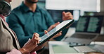 Hands, tablet and training for coding in office, programming internship and explain process with team. Typing, notes and programmer person with mentor, learn problem solving logic and developer tools