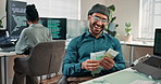 Man, programmer and smile in office with cash, counting earnings and money laundering profit. Coder, coworking and euros in company from insurance scam, illegal spyware and fake banking software