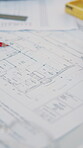 Architecture, blueprint and stationery at worksite for planning, renovation or remodeling project. Floorplan, paper or engineering with draft for property development, design or structural compliance