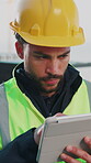 Builder, reading and man with tablet, outdoor or plan for renovation project with digital blueprint. Construction worker, online and person with technology, architecture and building schedule on web