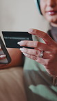 Hands, credit card and woman with phone in house for payment, music and streaming service renewal. Debit, mobile banking and happy person with subscription, headphones or audio membership discount