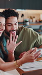 Couple, video call and paperwork for home finances with good news, loan approval and wave. Phone, happy or statement letter with payout, announcement and talking to accountant contact of savings