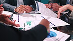Strategy, documents and hands with business people in office for meeting, insurance sales and team. Track claims status, customer risk profile and geographic trend chart with employees and paperwork