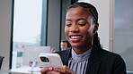 Laugh, texting and hands in office with phone, online communication and comic post on social media. Happy, digital and man in workplace with tech, funny message and meme reaction on chat app.
